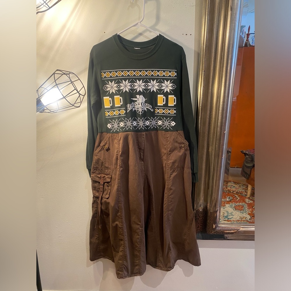 SOLD OOAK Upcycled Montana Brewery Green and Brown Graphic Long Sleeve Dress